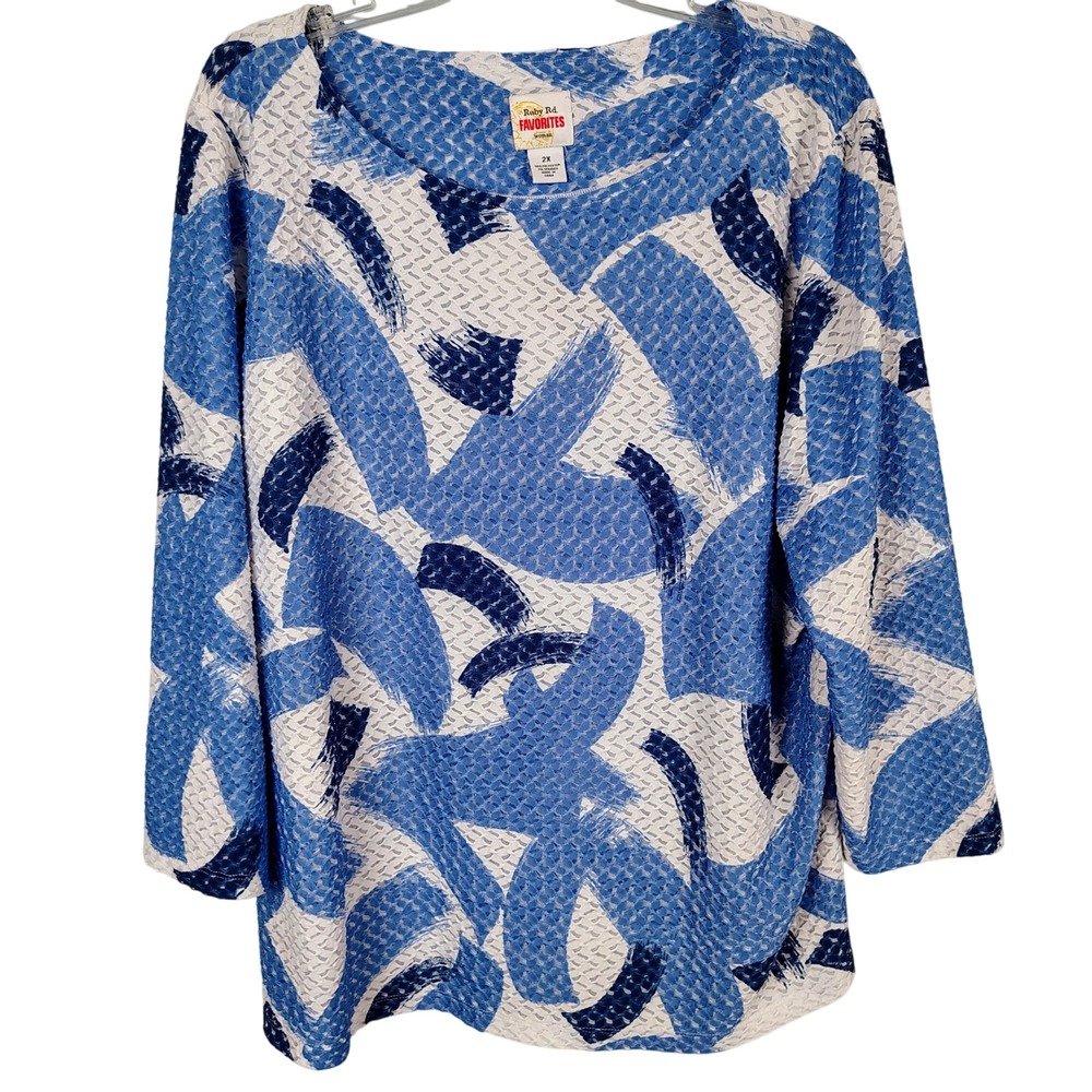 Ruby Rd Womens 2X Abstract Brushstroke Top Blue White Textured Artcore 3/4 Slv